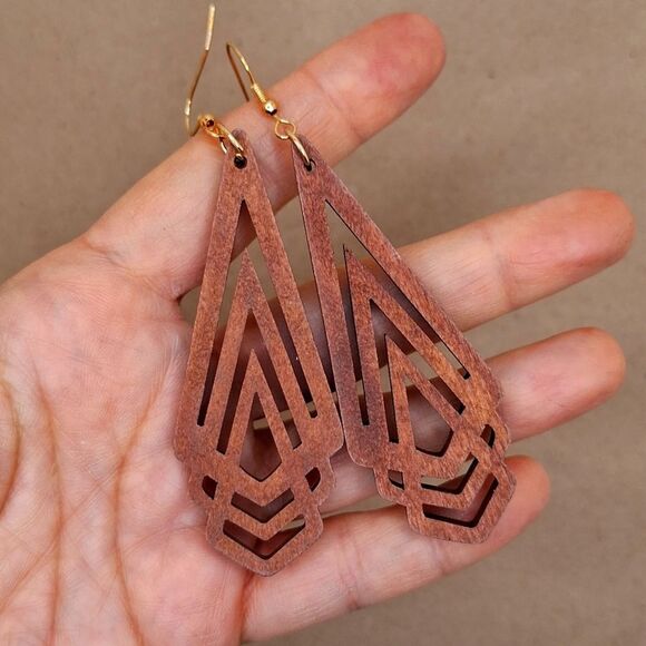 Brown abstract long drop earring geometric shape jewelry - Picture 3 of 3